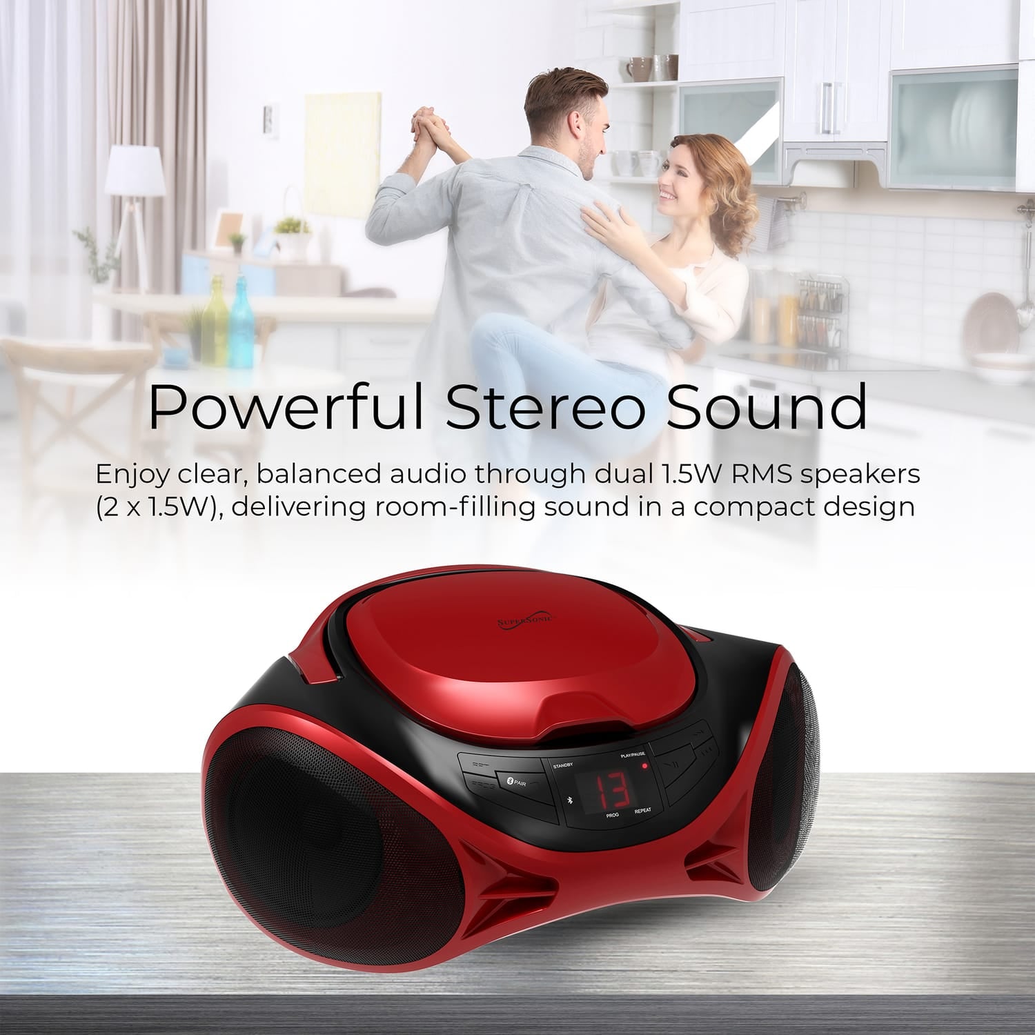 Supersonic 3-Watt-RMS Portable Bluetooth CD Music System with Built-in Speakers, CD Player, AM/FM Radio, and Aux, Dual Power, SC-726BT, Red