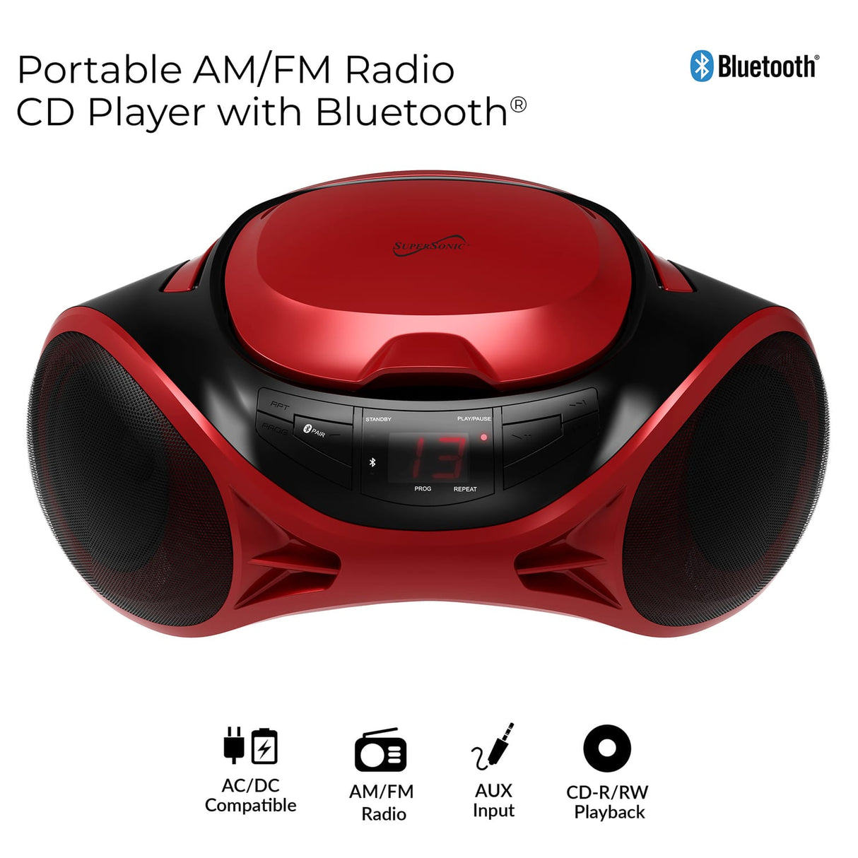 Supersonic 3-Watt-RMS Portable Bluetooth CD Music System with Built-in Speakers, CD Player, AM/FM Radio, and Aux, Dual Power, SC-726BT, Red