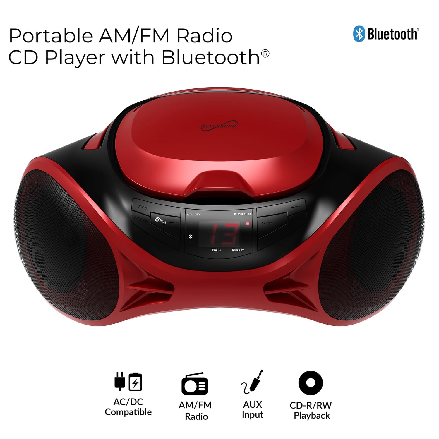 Supersonic 3-Watt-RMS Portable Bluetooth CD Music System with Built-in Speakers, CD Player, AM/FM Radio, and Aux, Dual Power, SC-726BT, Red