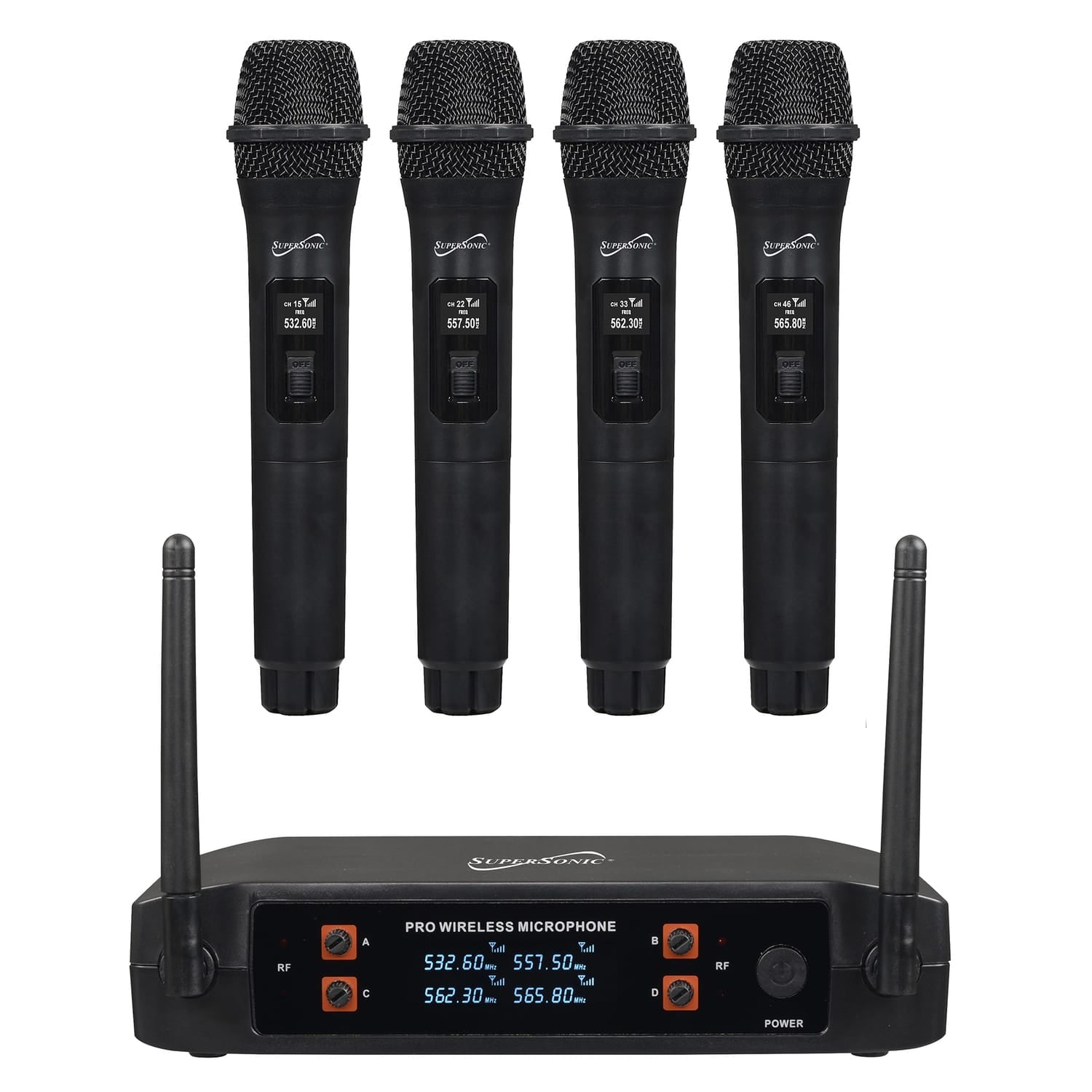 Supersonic 4-Channel 2.4-GHz Wireless Microphone System with 4 Handheld Microphones and Receiver, SC-909