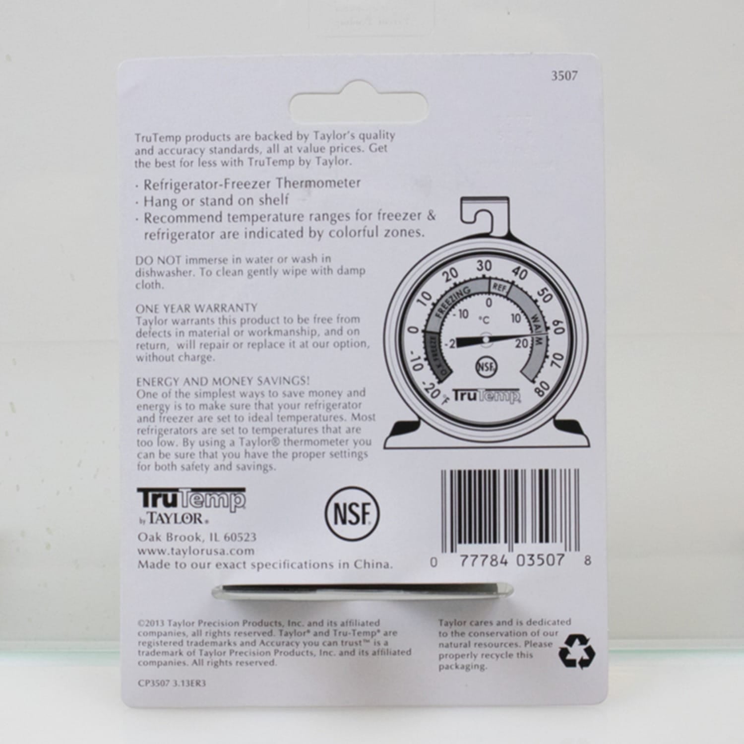 Taylor Precision Products Freezer-Refrigerator Thermometer