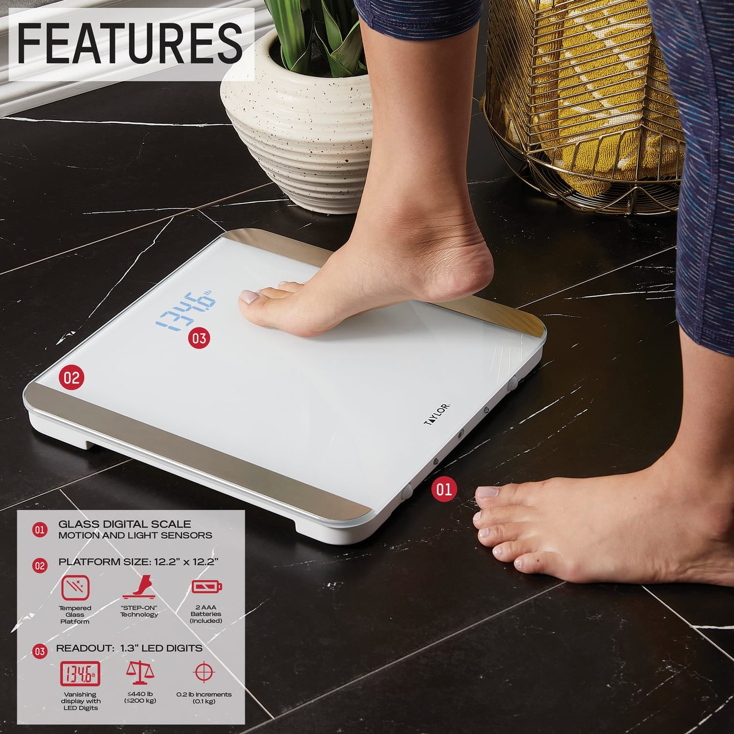Taylor Precision Products Digital Motion Sensor Bathroom Scale, White, 440-Lb. Capacity