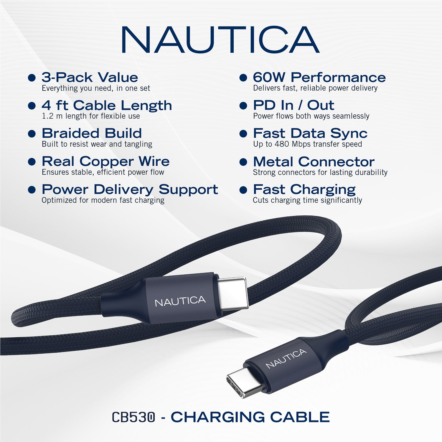 Nautica USB-C to USB-C Charge and Sync Turan 60-Watt Fast Charge Cable, 4 Ft, 3 Pack, CB530, Navy