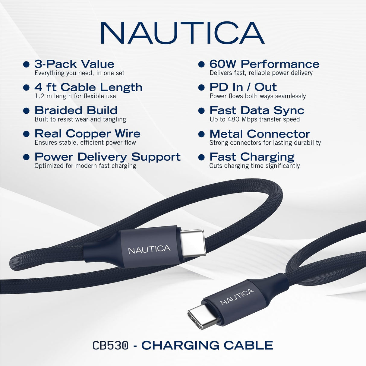 Nautica USB-C to USB-C Charge and Sync Turan 60-Watt Fast Charge Cable, 4 Ft, 3 Pack, CB530, Navy