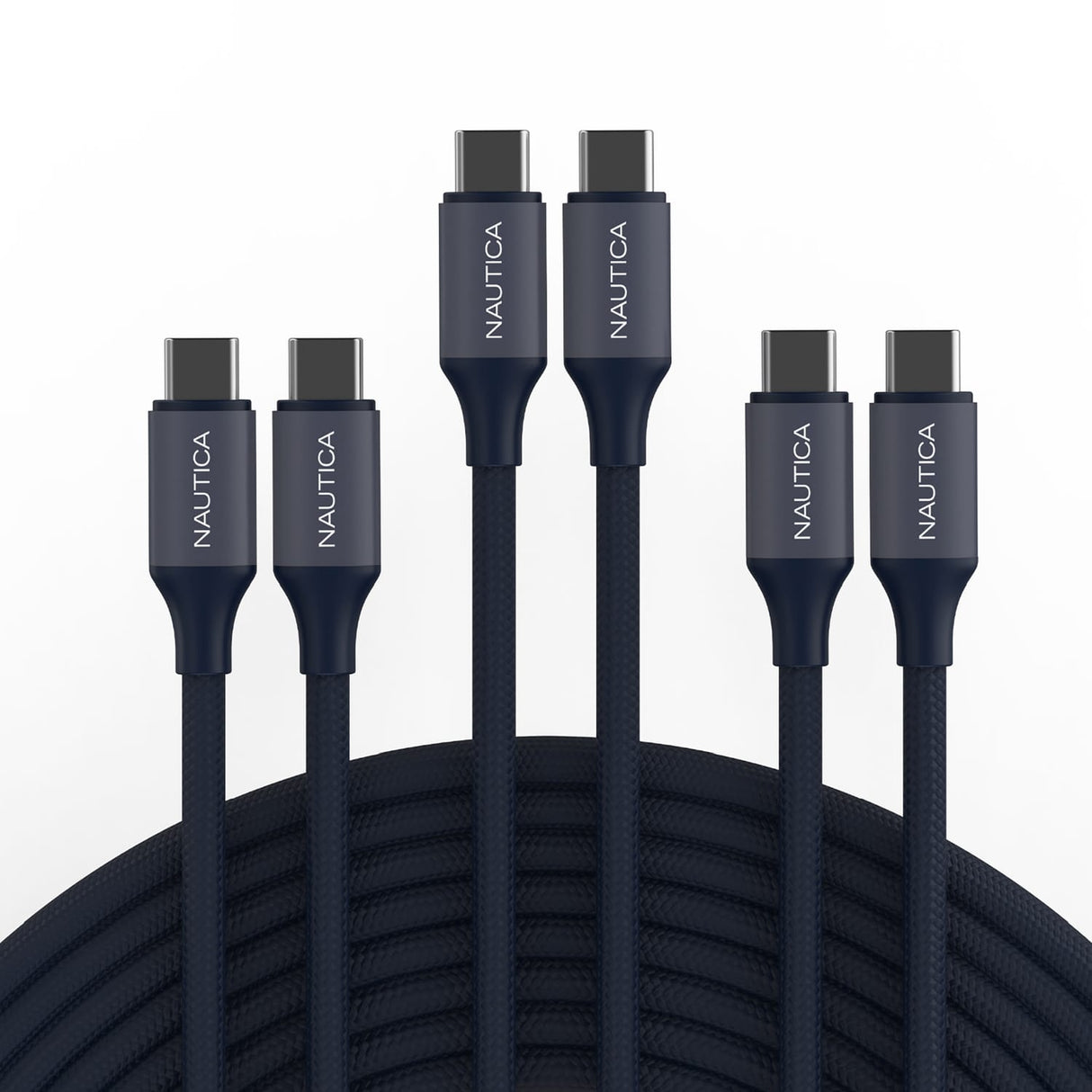 Nautica USB-C to USB-C Charge and Sync Turan 60-Watt Fast Charge Cable, 4 Ft, 3 Pack, CB530, Navy