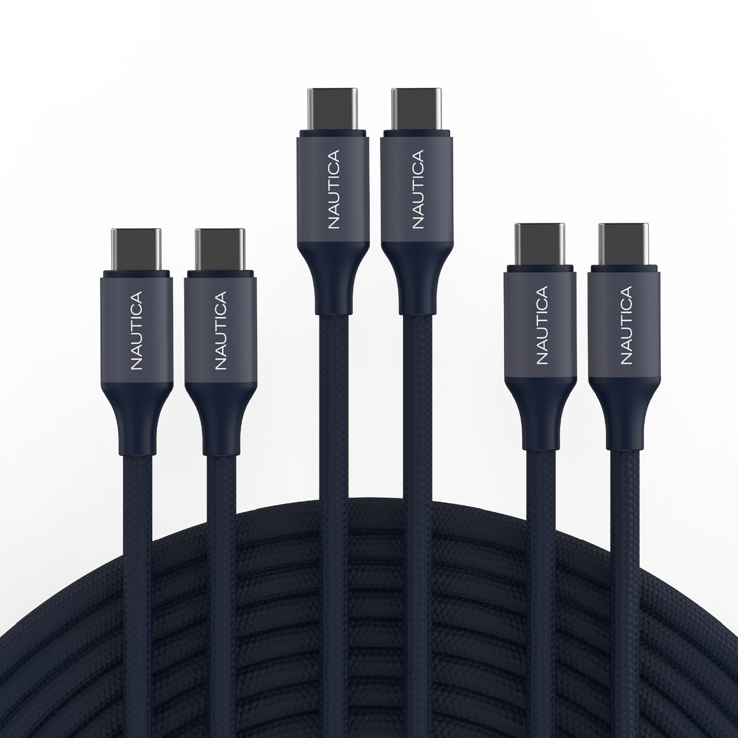 Nautica USB-C to USB-C Charge and Sync Turan 60-Watt Fast Charge Cable, 4 Ft, 3 Pack, CB530, Navy