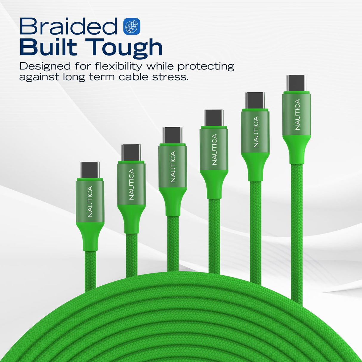 Nautica USB-C to USB-C Charge and Sync Turan 60-Watt Fast Charge Cable, 4 Ft, 3 Pack, CB530, Green