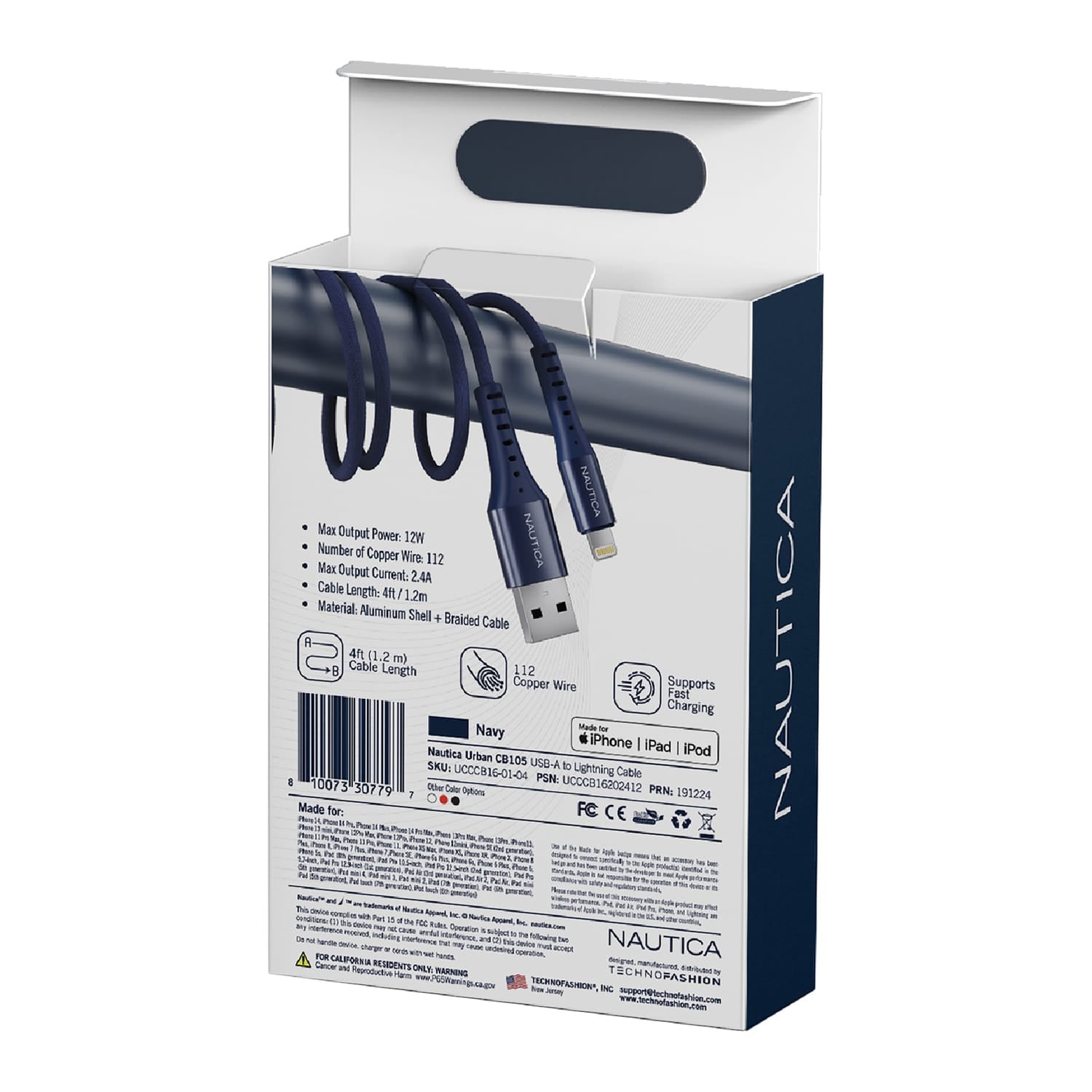 Nautica 4-Ft. 12-Watt USB-A to Lightning Cable, MFi Certified, Urban CB105, Navy