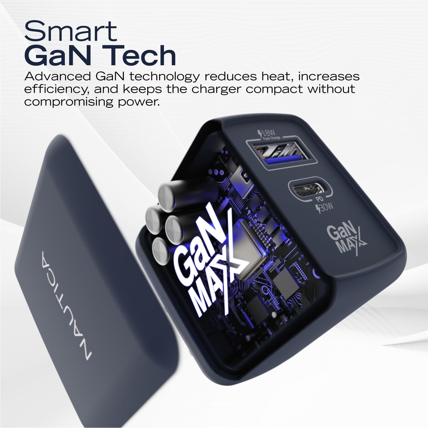 Nautica 2-USB Port Wall Charger with 30-Watt PD USB-C and USB-A QC3.0, CH130, Navy
