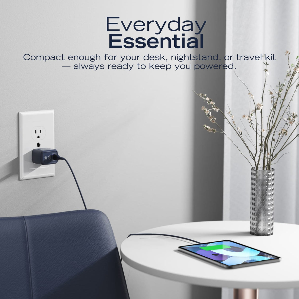 Nautica 2-USB Port Wall Charger with 30-Watt PD USB-C and USB-A QC3.0, CH130, Navy