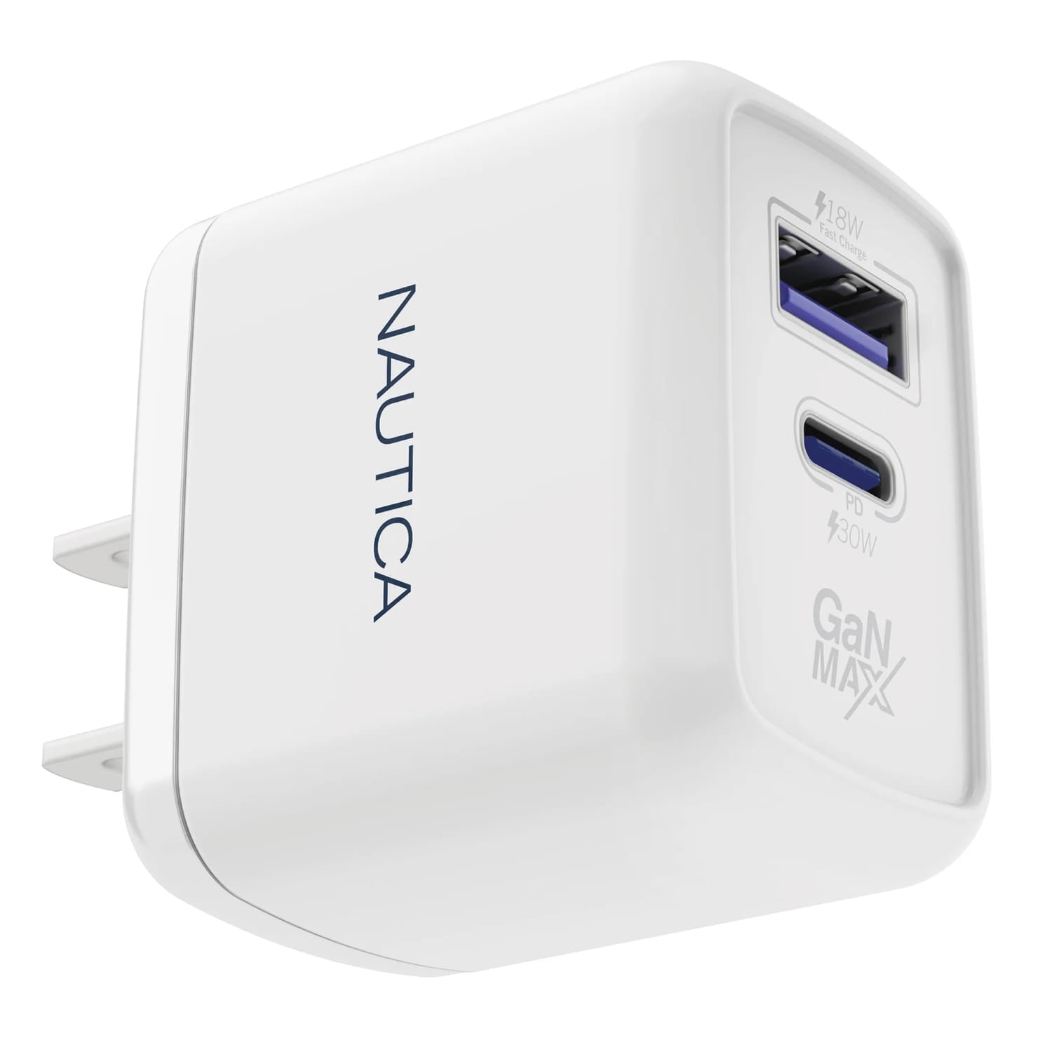 Nautica 2-USB Port Wall Charger with 30-Watt PD USB-C and USB-A QC3.0, CH130, White
