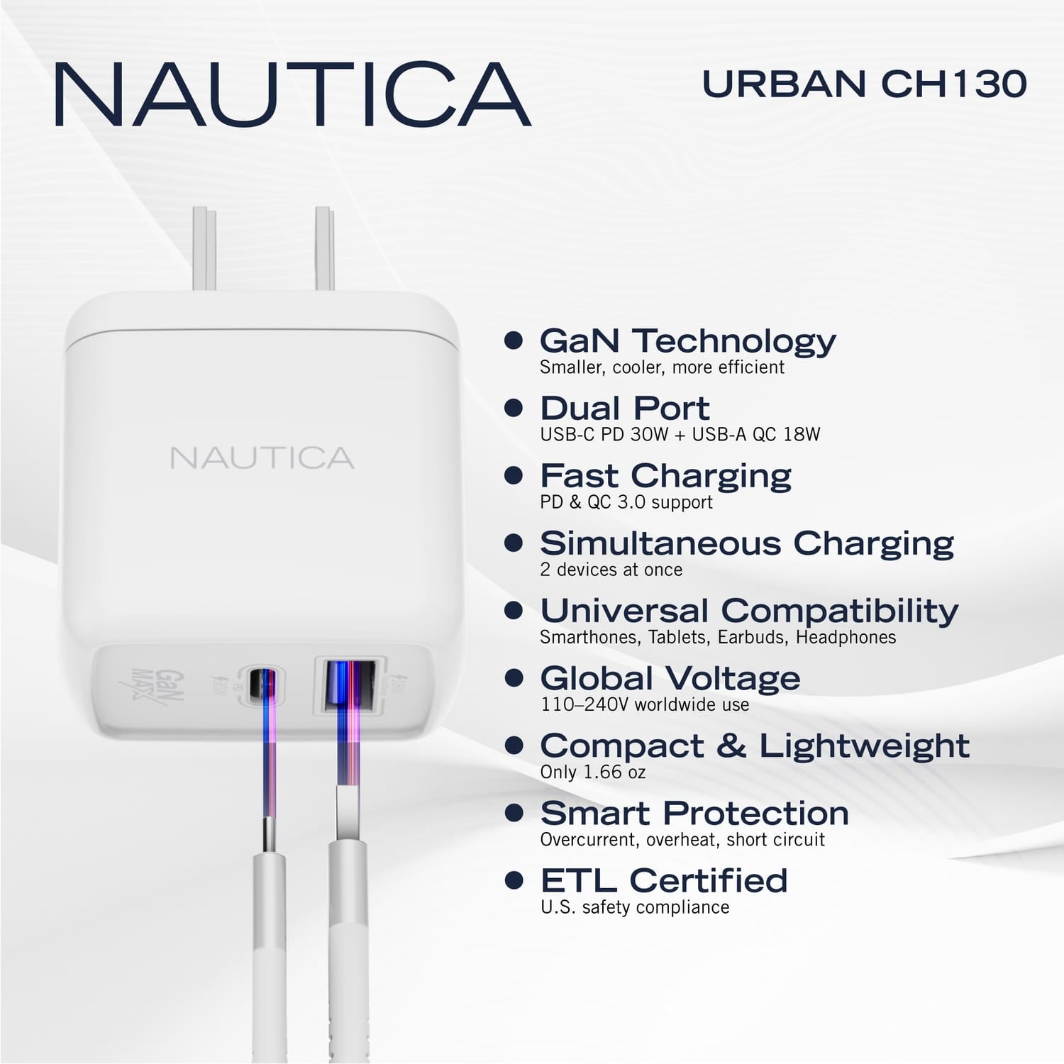 Nautica 2-USB Port Wall Charger with 30-Watt PD USB-C and USB-A QC3.0, CH130, White