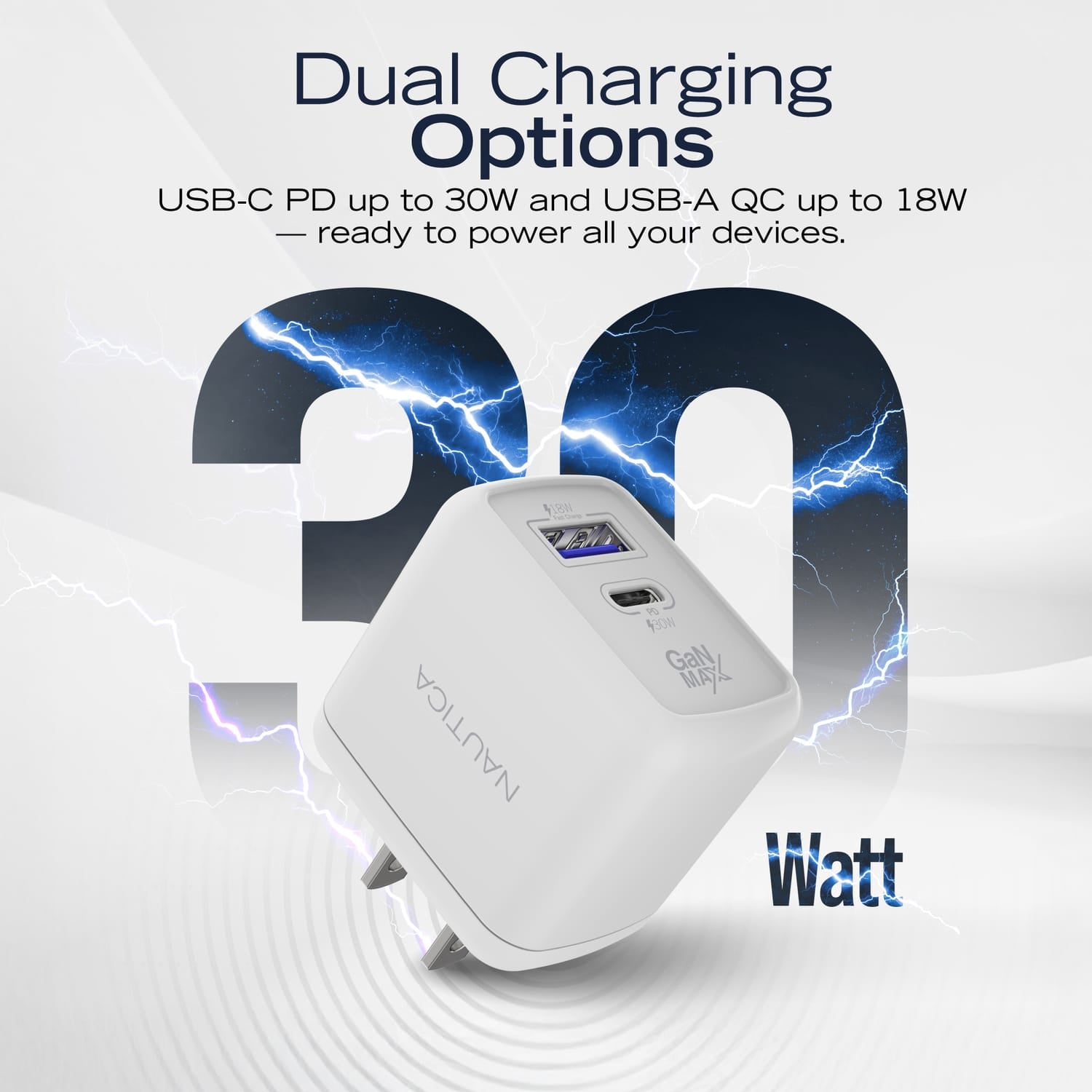 Nautica 2-USB Port Wall Charger with 30-Watt PD USB-C and USB-A QC3.0, CH130, White