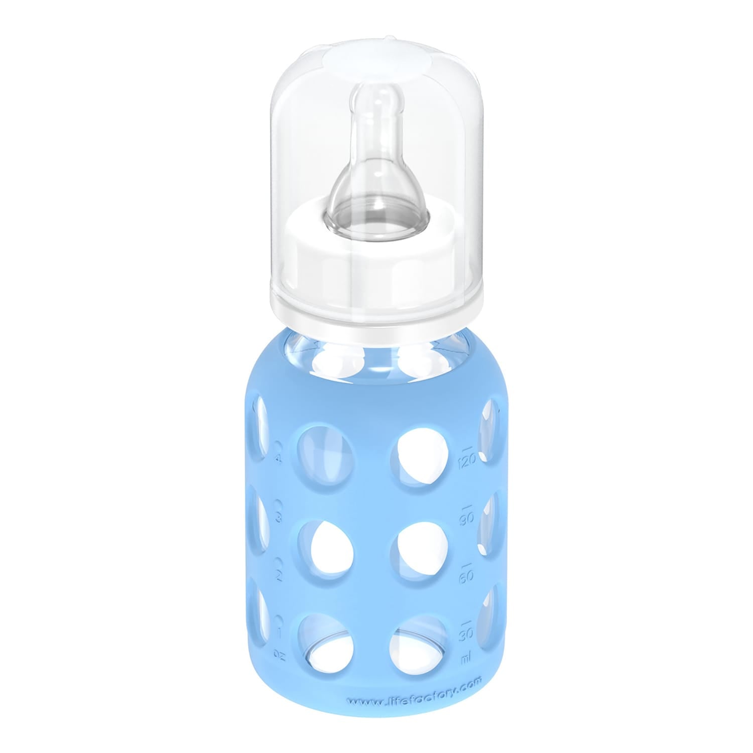 Lifefactory 4-Oz. Glass Baby Bottle with Silicone Sleeve, Stage 1 Nipple, Stopper, and Cap, Sky