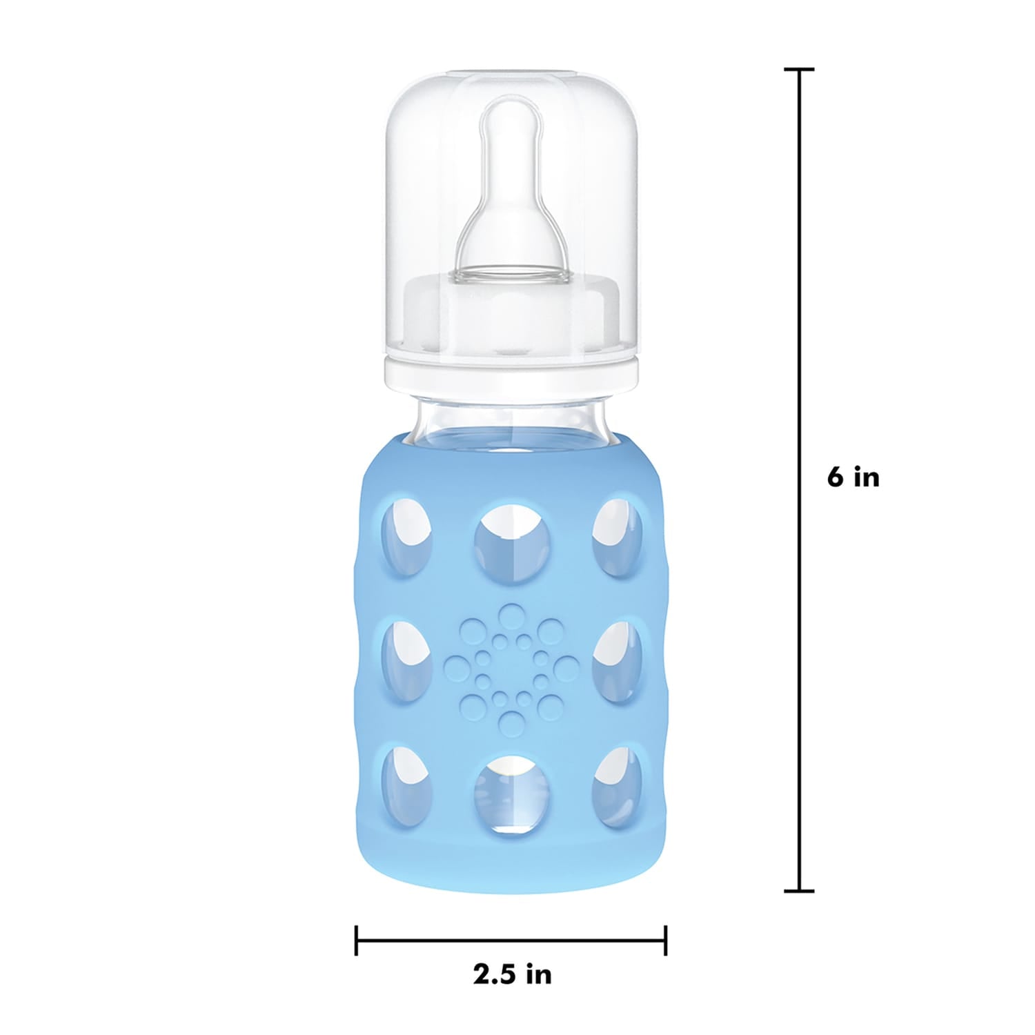 Lifefactory 4-Oz. Glass Baby Bottle with Silicone Sleeve, Stage 1 Nipple, Stopper, and Cap, Sky