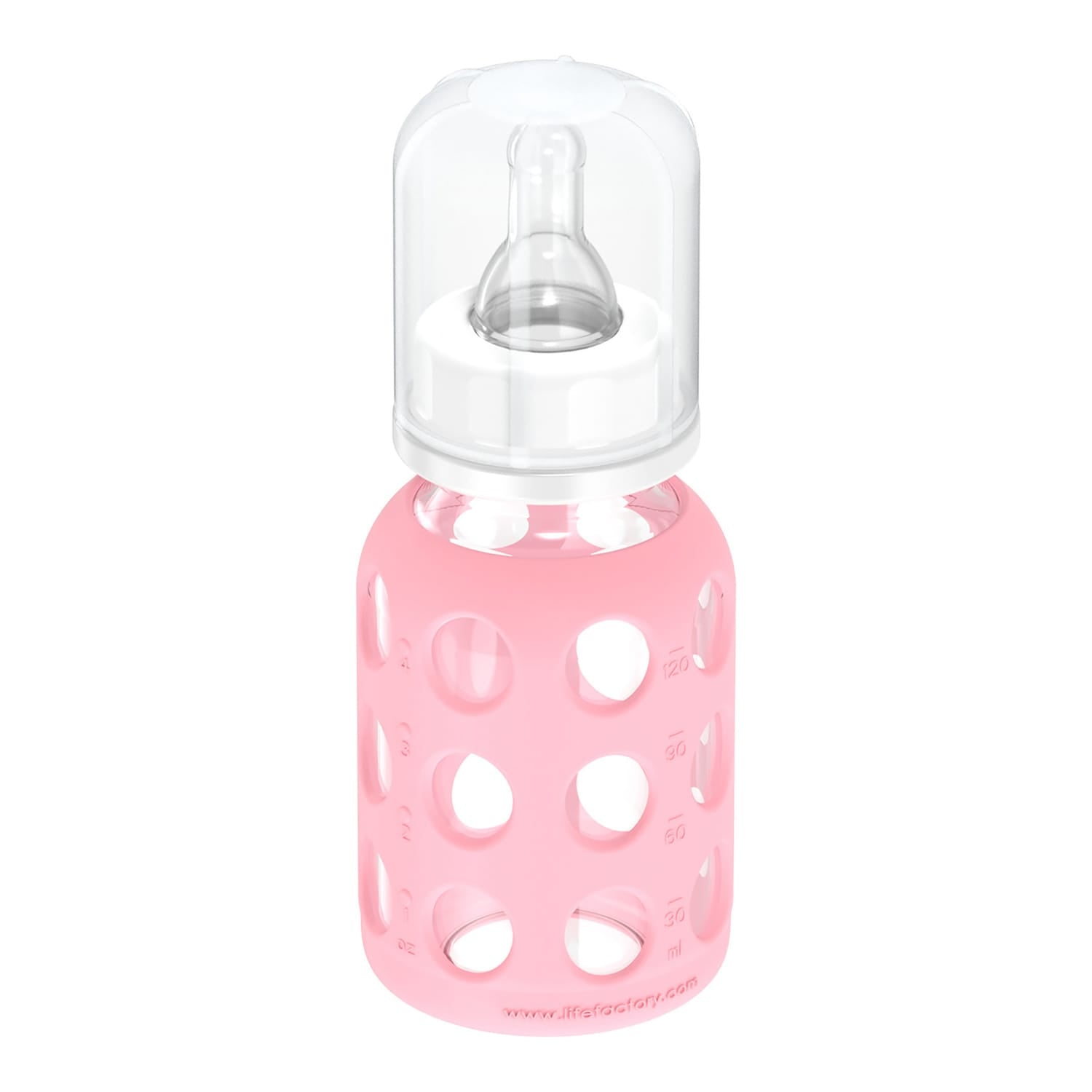 Lifefactory 4-Oz. Glass Baby Bottle with Silicone Sleeve, Stage 1 Nipple, Stopper, and Cap, Pink