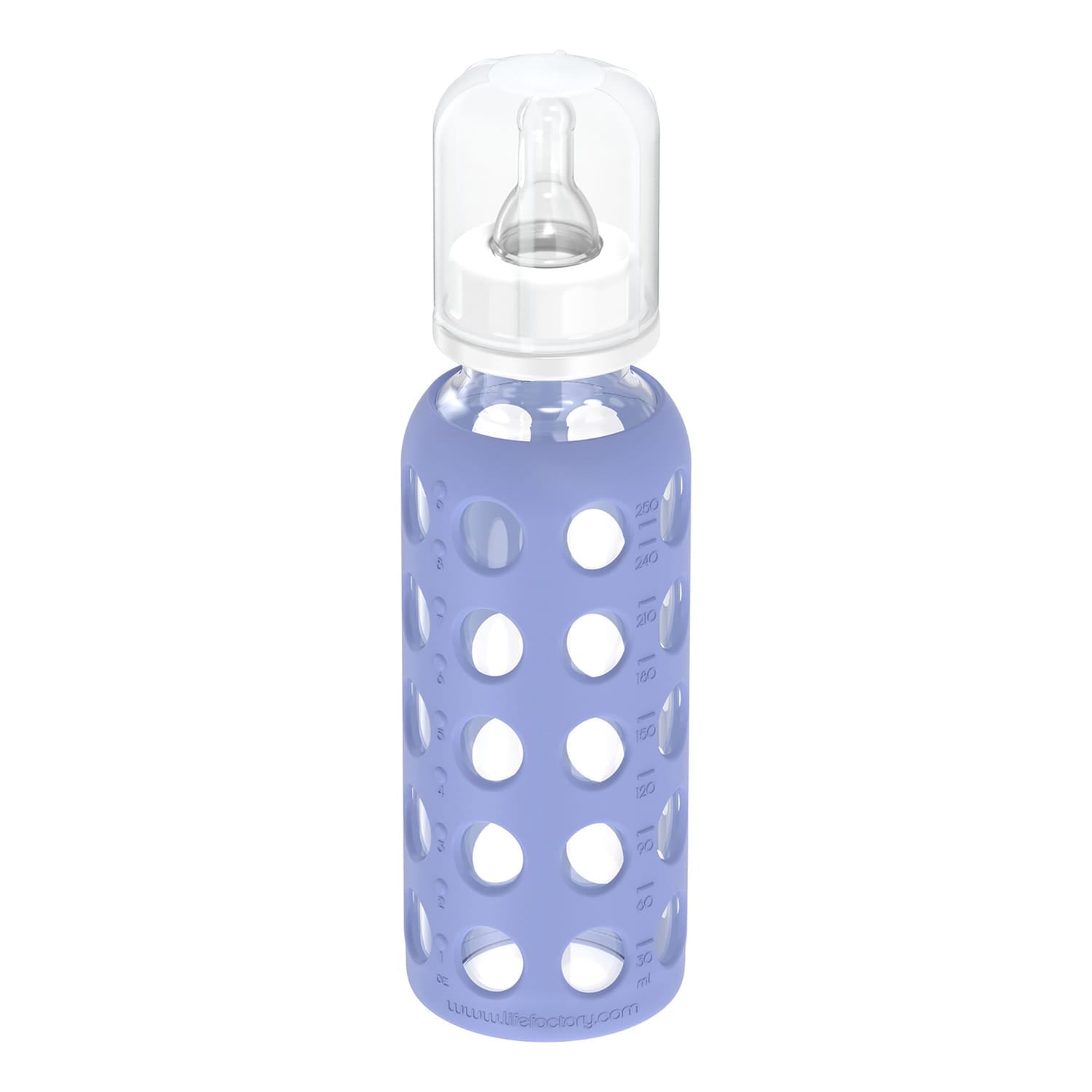 Lifefactory 9-Oz. Glass Baby Bottle with Silicone Sleeve, Stage 2 Nipple, Stopper, and Cap, Blueberry