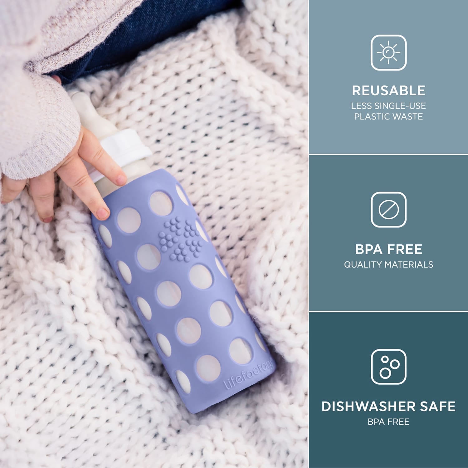 Lifefactory 9-Oz. Glass Baby Bottle with Silicone Sleeve, Stage 2 Nipple, Stopper, and Cap, Blueberry