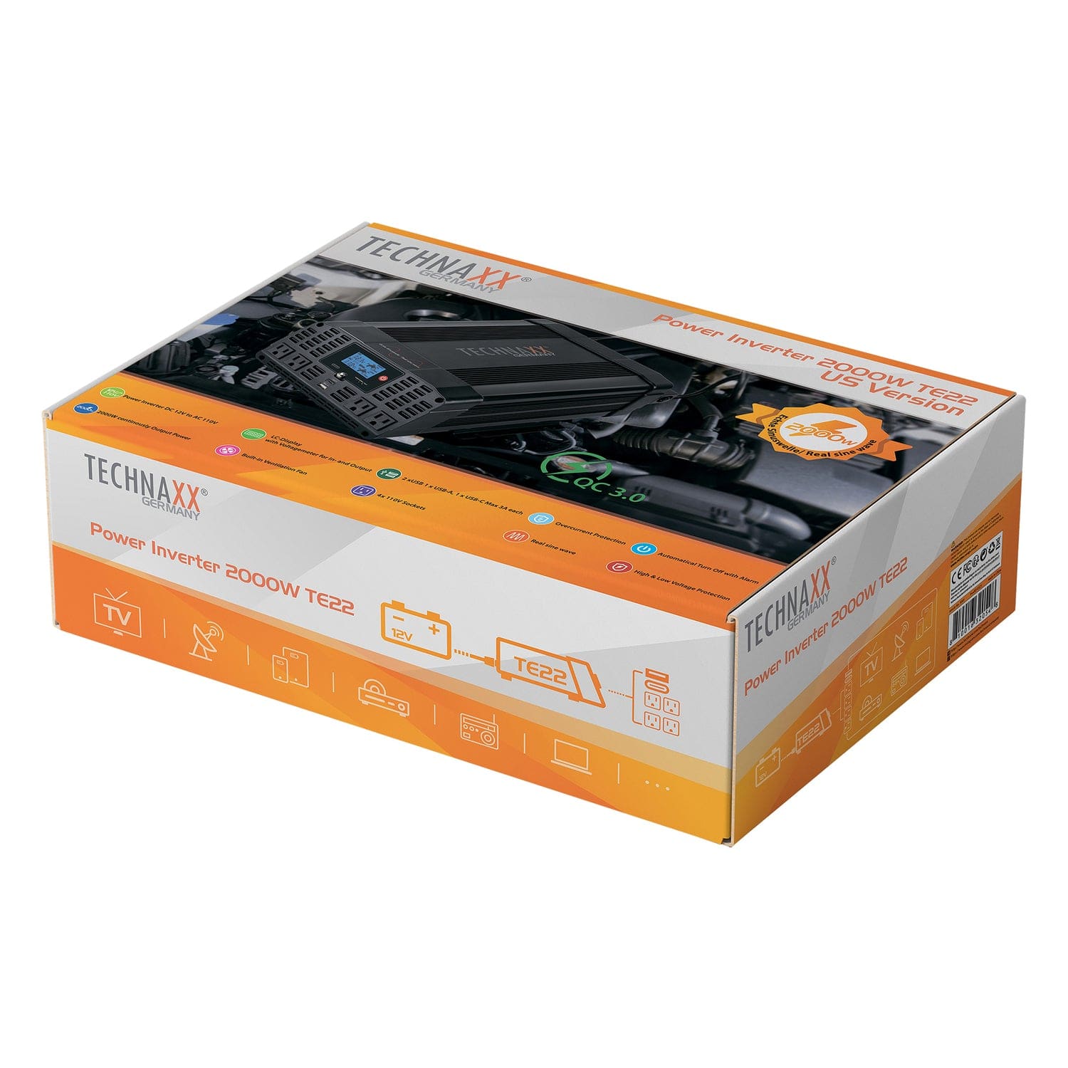 Technaxx 4-AC Outlet and 2-USB Port 2000-Continuous-Watt TE22 Pure Sine Wave Vehicle Power Inverter with Battery Connection Cables, 5045