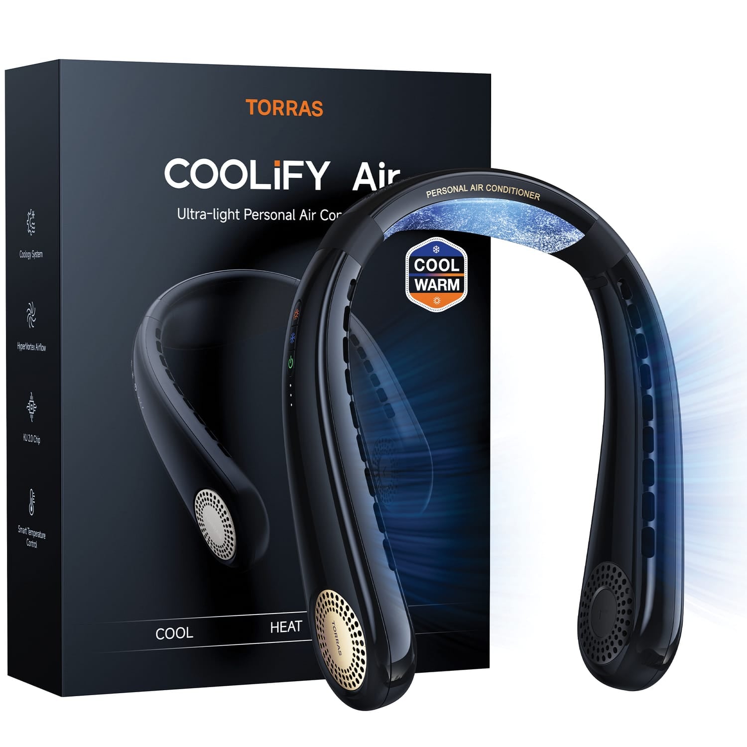 Torras Portable Neck Fan, COOLiFY Air Personal Wearable Neck Air Conditioner, Bladeless, 5000-mAh Rechargeable Battery, Golden Black