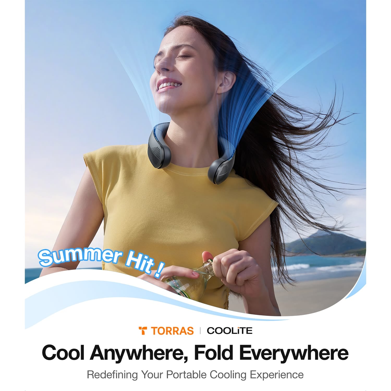 Torras Portable Foldable Neck Fan, COOLiTE with 4000-mAh Battery, Space Black