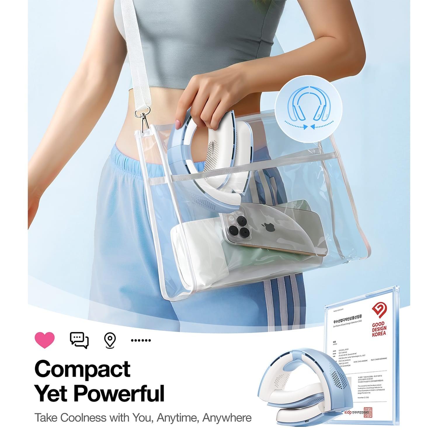 Torras Portable Foldable Neck Fan, COOLiTE with 4000-mAh Battery, Light Blue