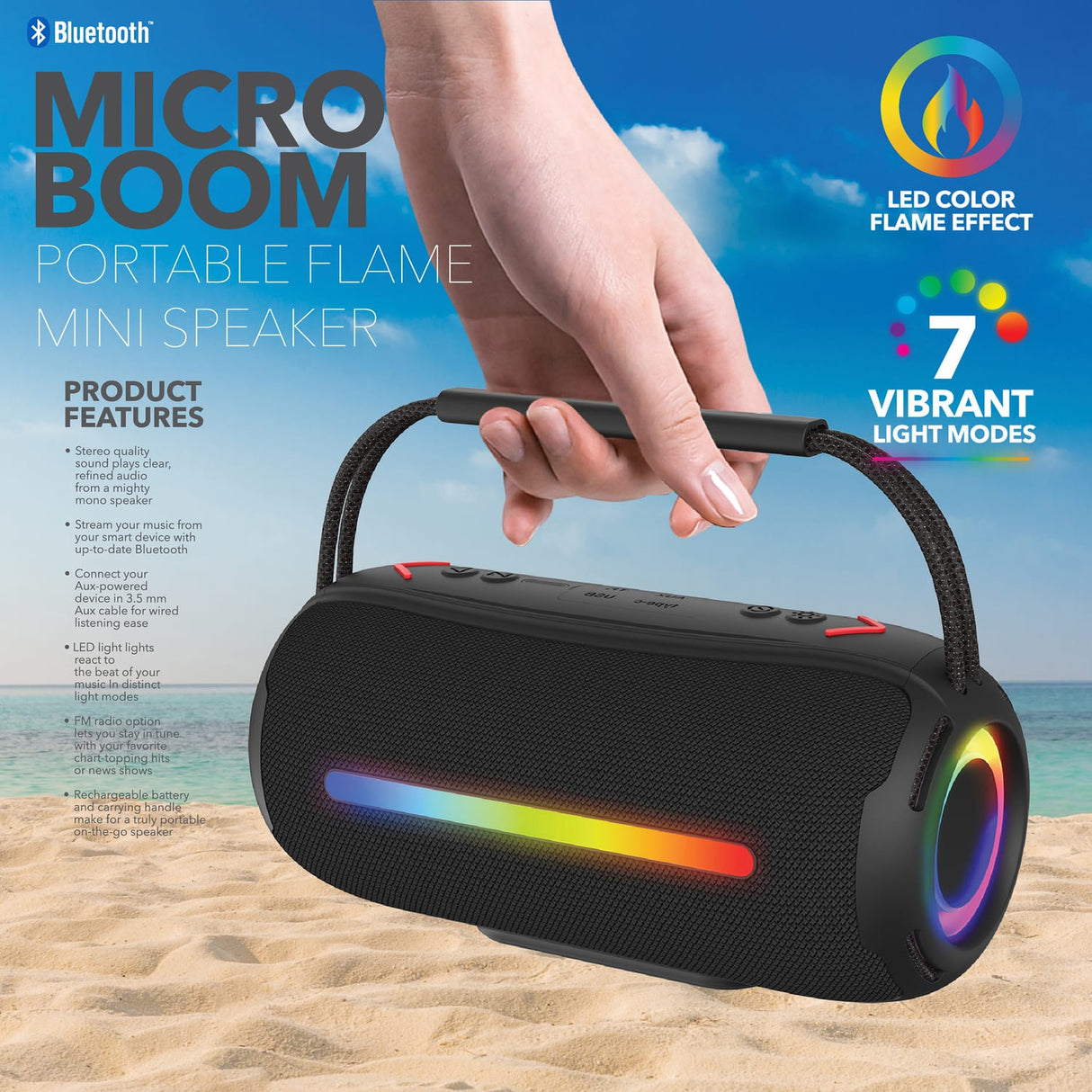 RCA 20-Watt FLEX-3 Micro Boom Portable Bluetooth Flame Mini Speaker with TWS, RGB Lights, USB/microSD Card/Aux, FM, up to 6 Hours Play Time, Black