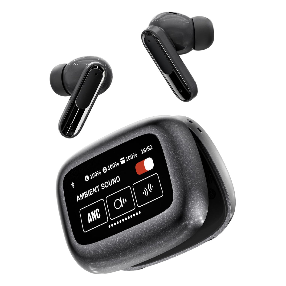 RCA WAVE-45 TWS Bluetooth In-Ear Earbuds with Mics, On-Ear Controls, ANC, Charging Case with Touch Screen, up to 6 Hours Play Time, Black