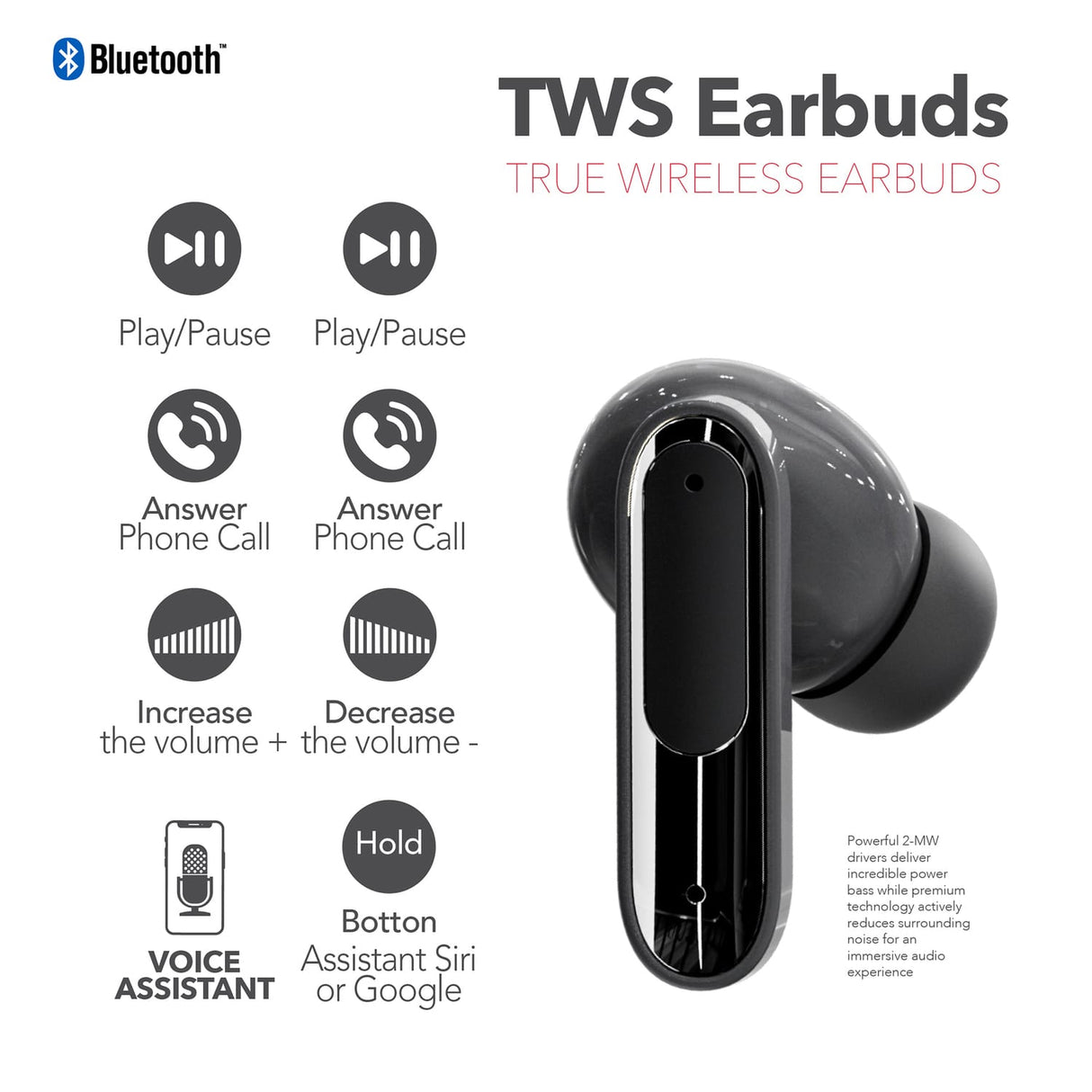 RCA WAVE-45 TWS Bluetooth In-Ear Earbuds with Mics, On-Ear Controls, ANC, Charging Case with Touch Screen, up to 6 Hours Play Time, Black