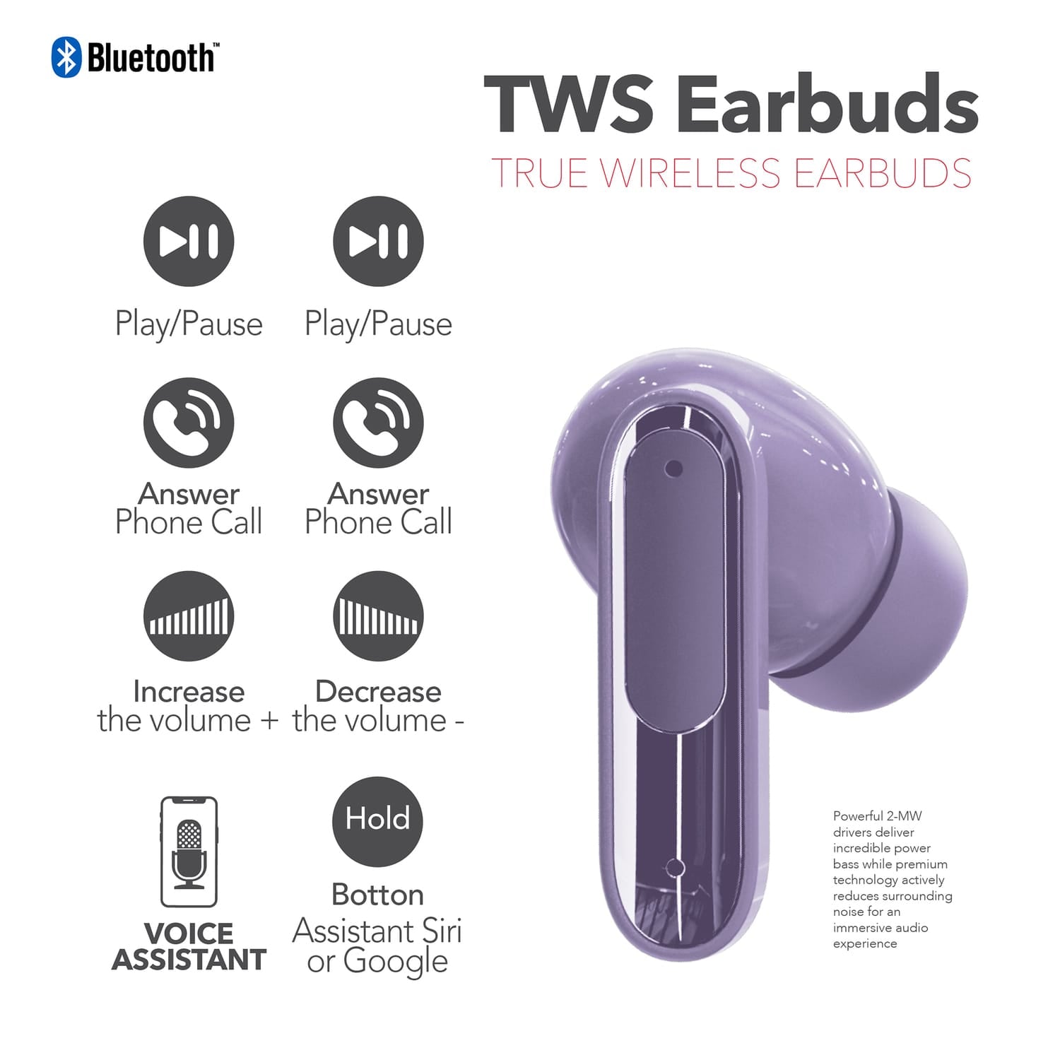 RCA WAVE-45 TWS Bluetooth In-Ear Earbuds with Mics, On-Ear Controls, ANC, Charging Case with Touch Screen, up to 6 Hours Play Time, Purple