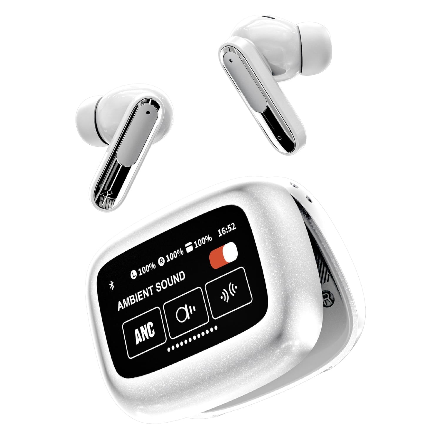 RCA WAVE-45 TWS Bluetooth In-Ear Earbuds with Mics, On-Ear Controls, ANC, Charging Case with Touch Screen, up to 6 Hours Play Time, White