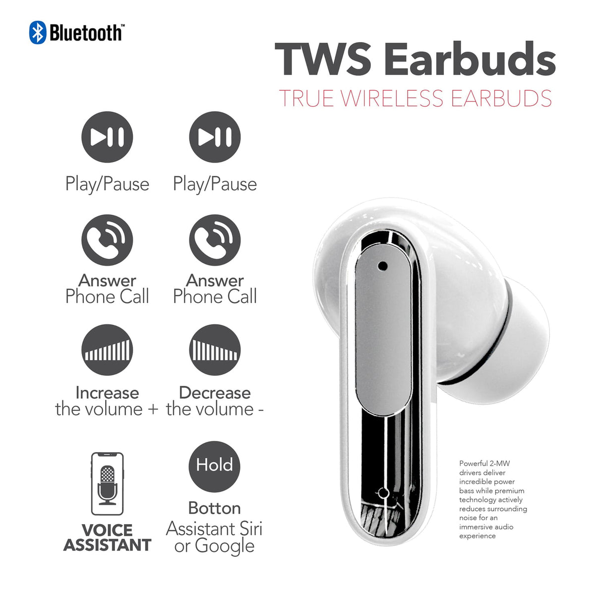 RCA WAVE-45 TWS Bluetooth In-Ear Earbuds with Mics, On-Ear Controls, ANC, Charging Case with Touch Screen, up to 6 Hours Play Time, White
