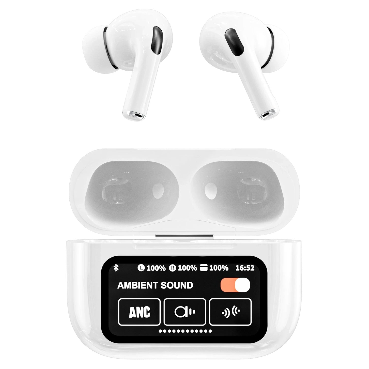 RCA WAVE-48 TWS Bluetooth In-Ear Earbuds with Mics, On-Ear Controls, ANC, Charging Case with Screen, up to 20 Hours Play Time, White