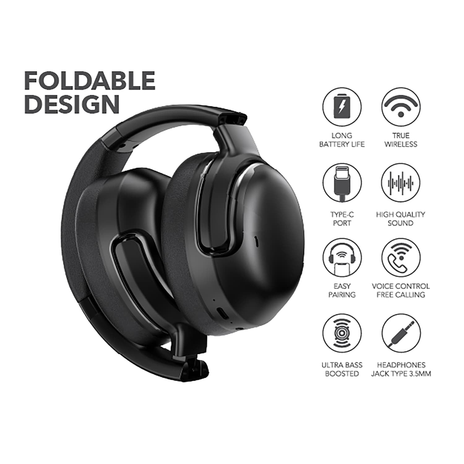 RCA WAVE-76 Bluetooth Flat-Folding On-Ear Headphones with Mic, ANC, On-Ear Controls, 3D Earpads, up to 25 Hours Play Time, Black