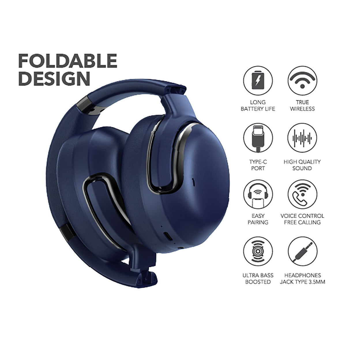 RCA WAVE-76 Bluetooth Flat-Folding On-Ear Headphones with Mic, ANC, On-Ear Controls, 3D Earpads, up to 25 Hours Play Time, Blue