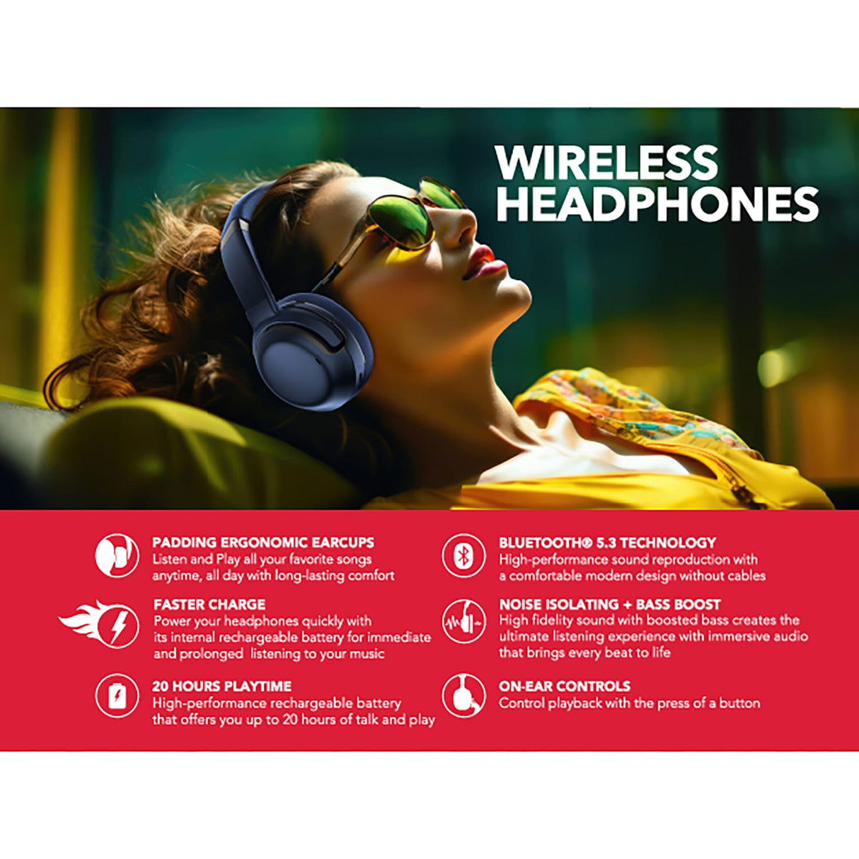 RCA WAVE-76 Bluetooth Flat-Folding On-Ear Headphones with Mic, ANC, On-Ear Controls, 3D Earpads, up to 25 Hours Play Time, Blue