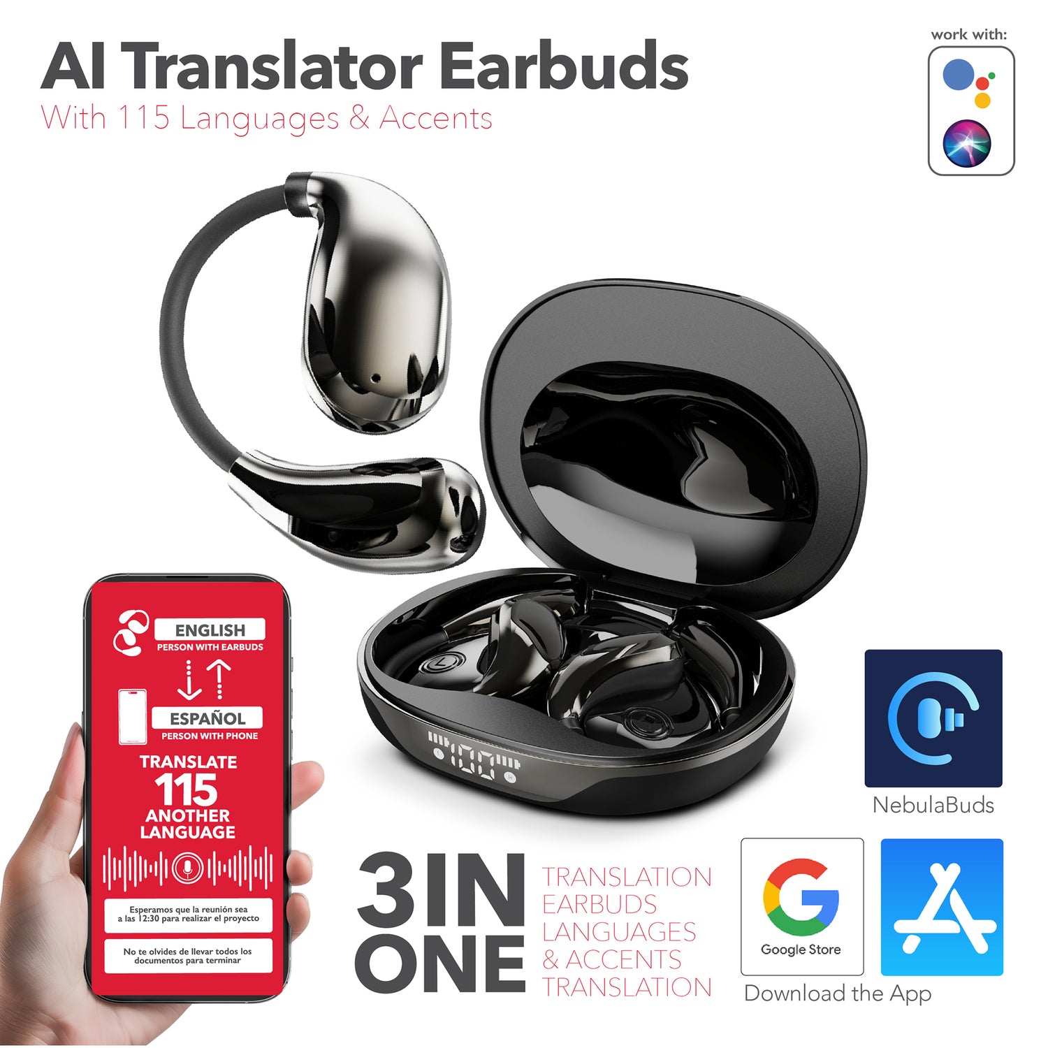 RCA WAVE-88 AI Translator TWS Bluetooth Open-Ear Earbuds with Mics, On-Ear Controls, Charging Case with Screen, up to 6 Hours Play Time, Black