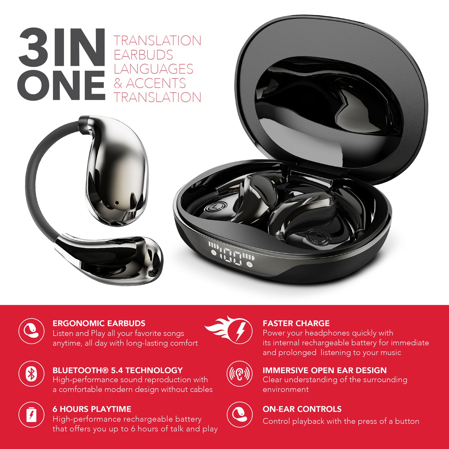 RCA WAVE-88 AI Translator TWS Bluetooth Open-Ear Earbuds with Mics, On-Ear Controls, Charging Case with Screen, up to 6 Hours Play Time, Black