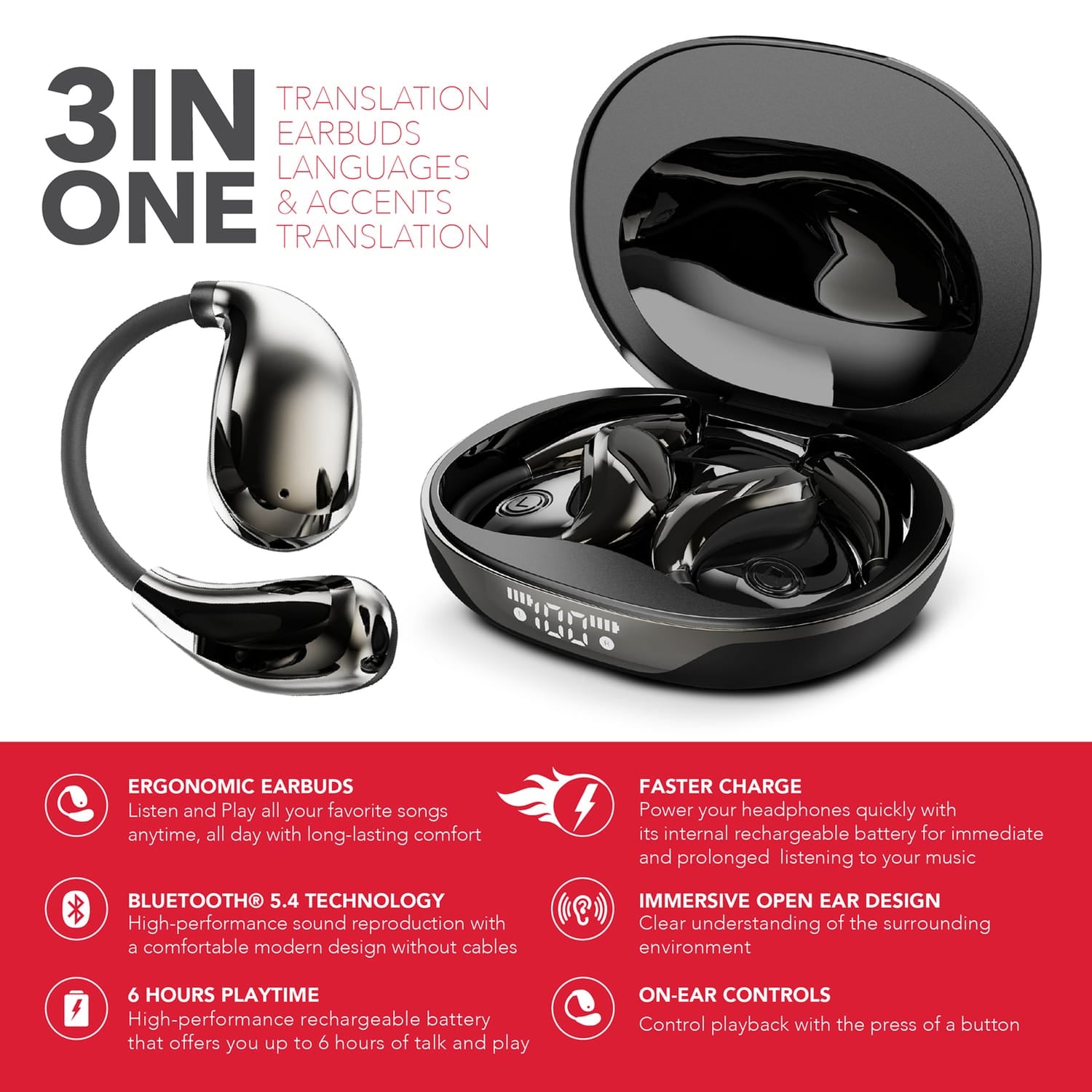 RCA WAVE-88 AI Translator TWS Bluetooth Open-Ear Earbuds with Mics, On-Ear Controls, Charging Case with Screen, up to 6 Hours Play Time, Black