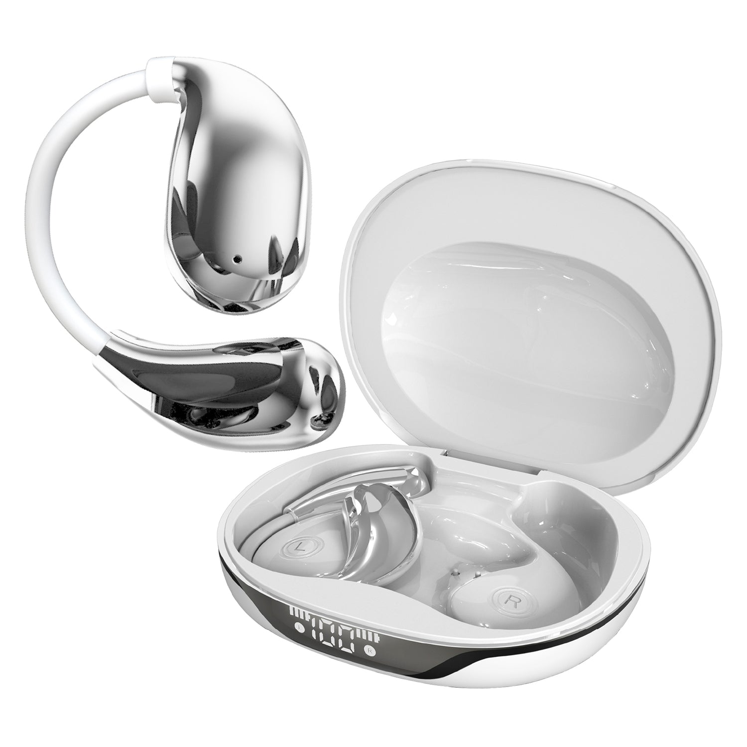 RCA WAVE-88 AI Translator TWS Bluetooth Open-Ear Earbuds with Mics, On-Ear Controls, Charging Case with Screen, up to 6 Hours Play Time, White