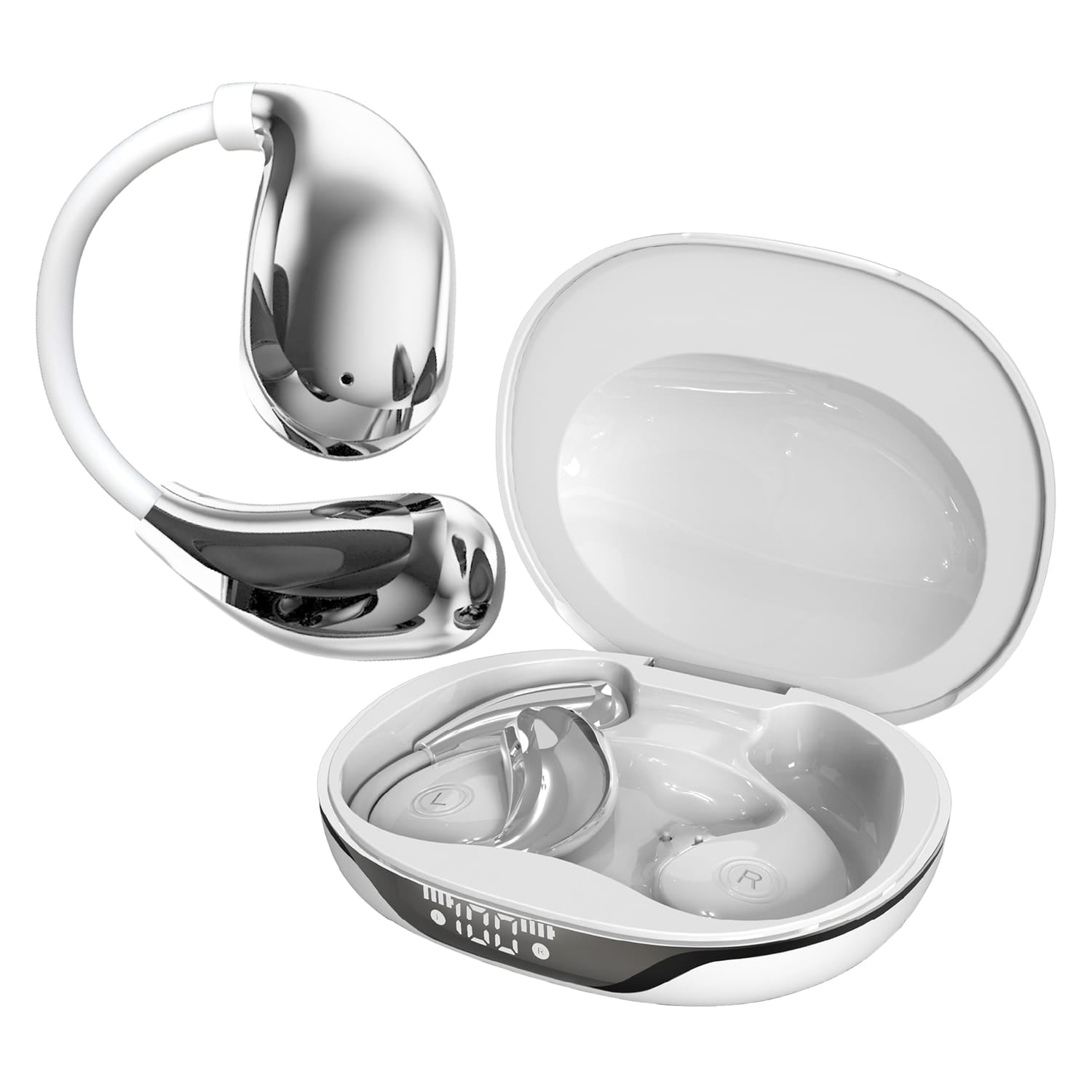 RCA WAVE-88 AI Translator TWS Bluetooth Open-Ear Earbuds with Mics, On-Ear Controls, Charging Case with Screen, up to 6 Hours Play Time, White