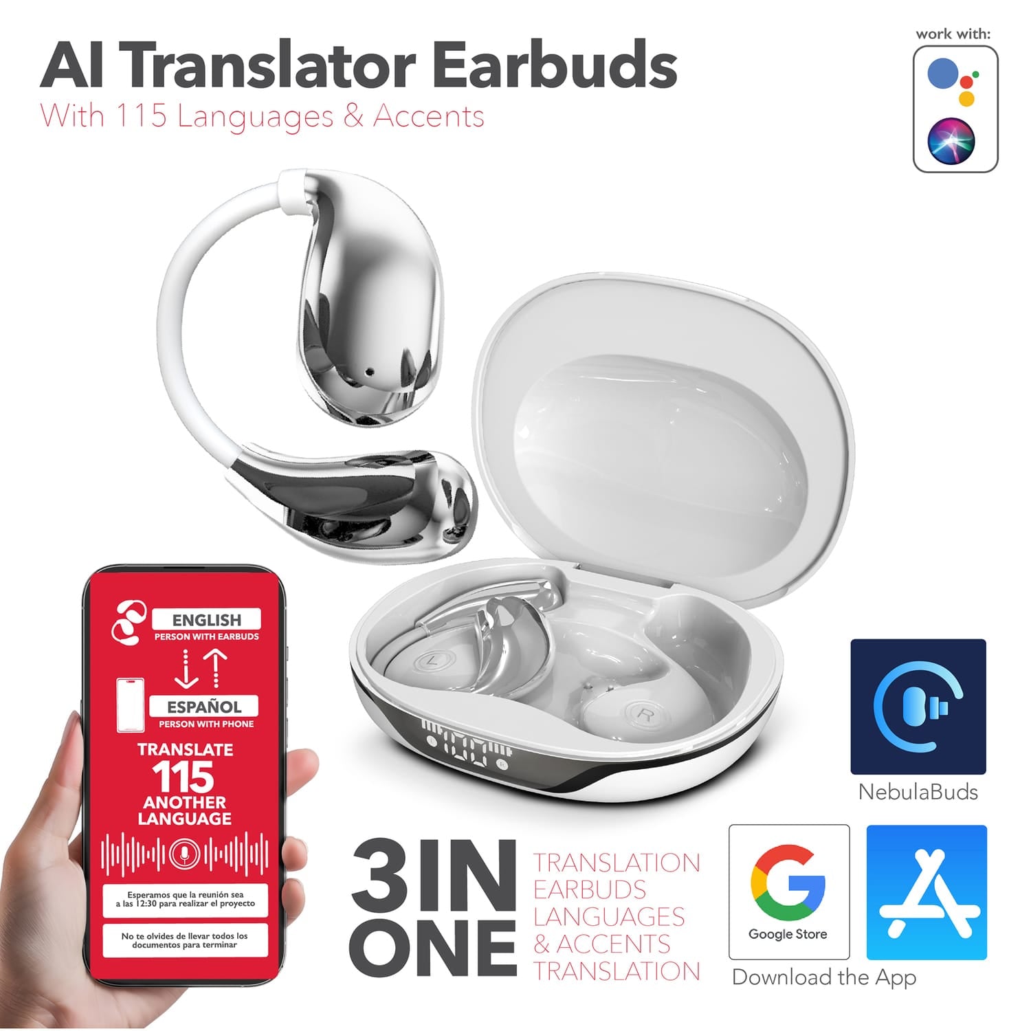 RCA WAVE-88 AI Translator TWS Bluetooth Open-Ear Earbuds with Mics, On-Ear Controls, Charging Case with Screen, up to 6 Hours Play Time, White