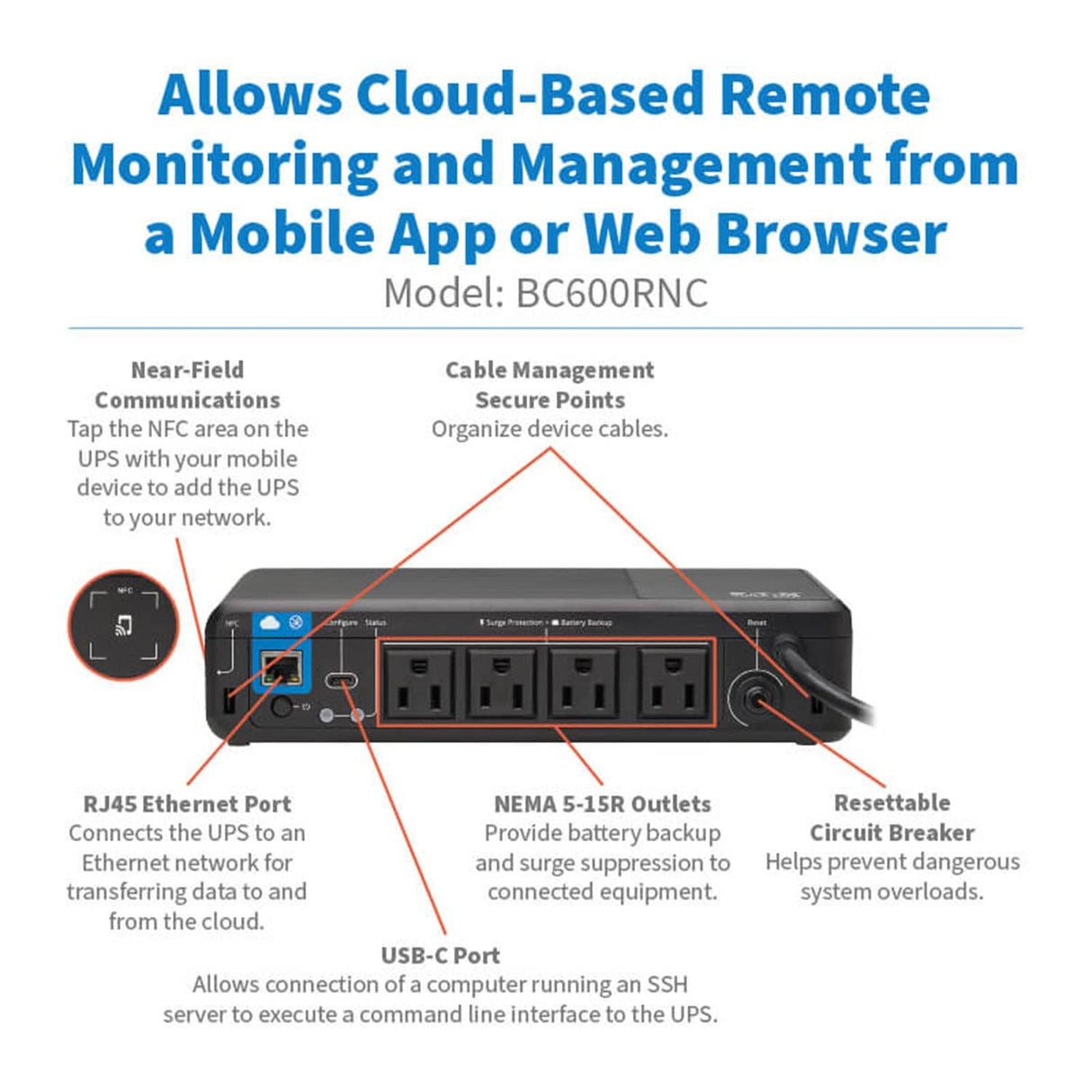 Tripp Lite by Eaton 4-AC Outlet 600-VA/300-Watt PC/Network/POS Cloud-Connected Desktop UPS with 190-Joules Surge Protection, 5-Ft. Cord, BC600RNC