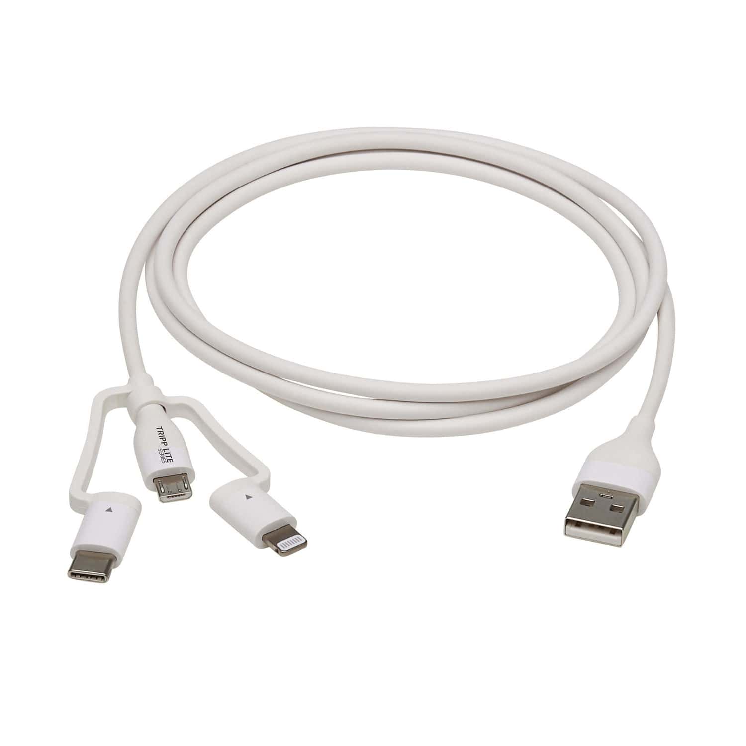 Tripp Lite by Eaton Safe-IT Universal USB-A to Lightning, USB Micro-B, and USB-C Charge and Sync Antibacterial Cable, White, 4 Ft.