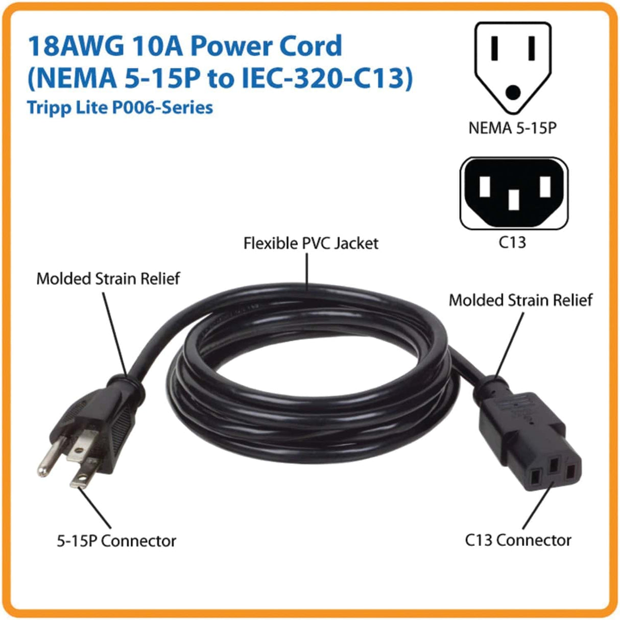 Tripp Lite by Eaton 18-AWG 10-Amp Universal Computer Power Cord, 6 Ft.