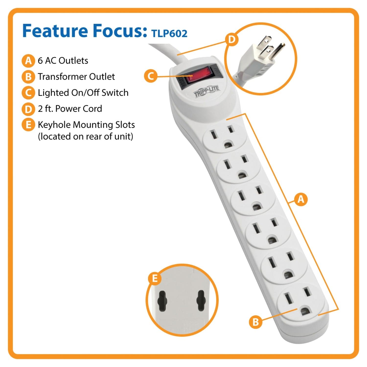 Tripp Lite by Eaton 6-AC Outlet 180-Joules Protect It! Home Computer Surge Protector Power Strip, 2-Ft. Cord with Straight Plug, TLP602