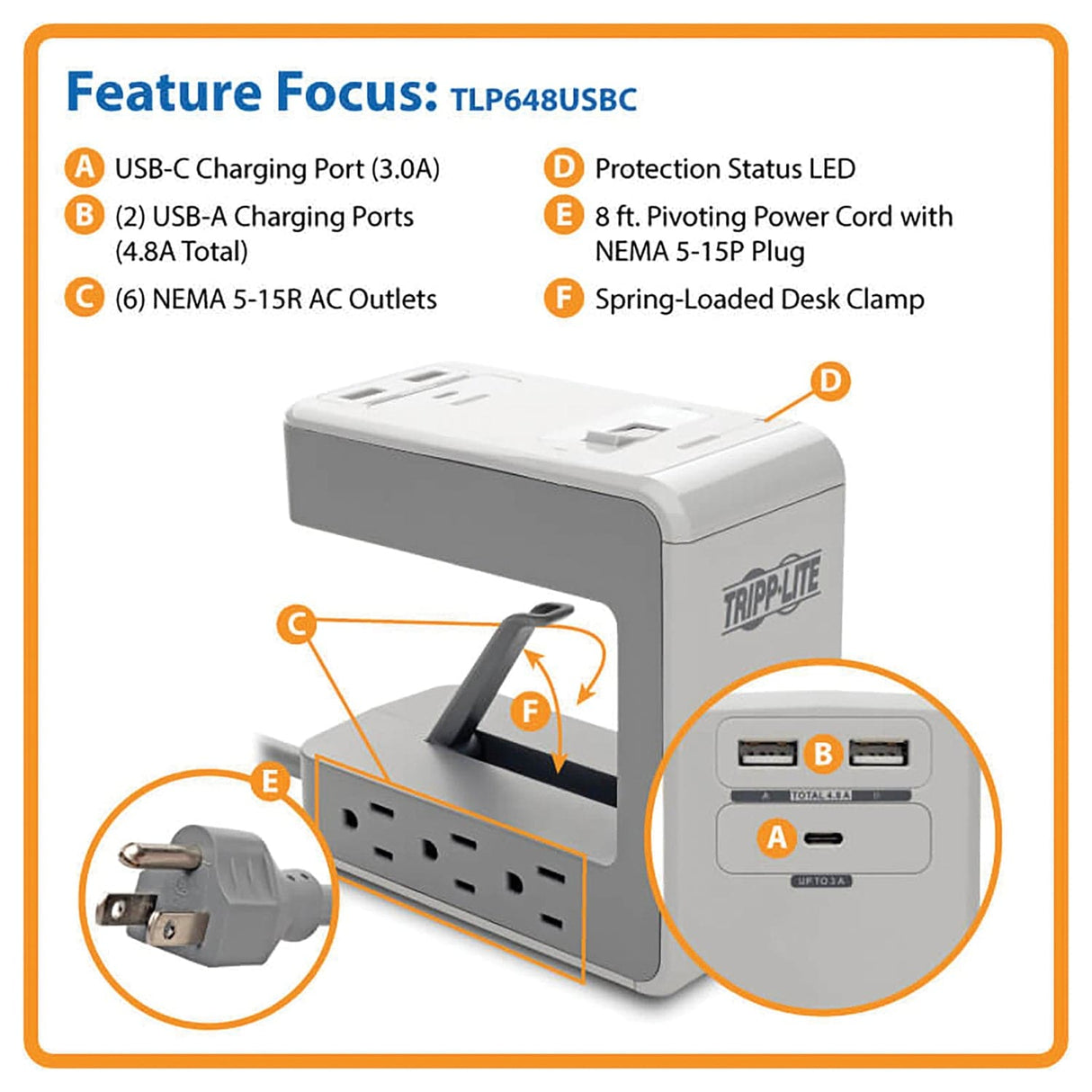 Tripp Lite by Eaton 6-AC Outlet and 3-USB Port 1080-Joules Protect It! Surge Protector Desk Clamp, 8-Ft. Pivoting Cord, TLP648USBC