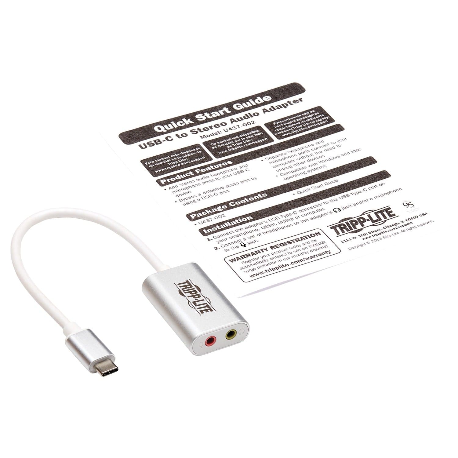 Tripp Lite by Eaton USB-C to 3.5-mm Stereo Audio Adapter, Silver, U437-002