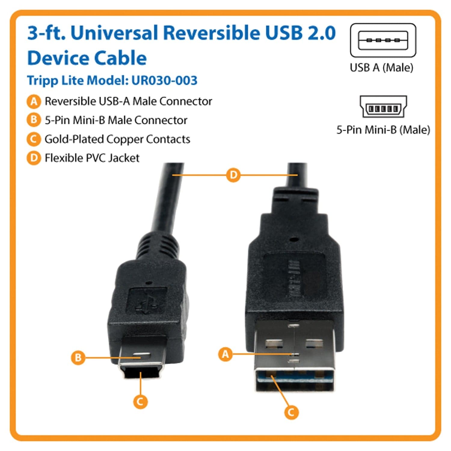 Tripp Lite by Eaton USB 2.0 Universal Device Cable, Reversible A Male/5-Pin Mini B Male, 3 Ft., Black, UR030-003