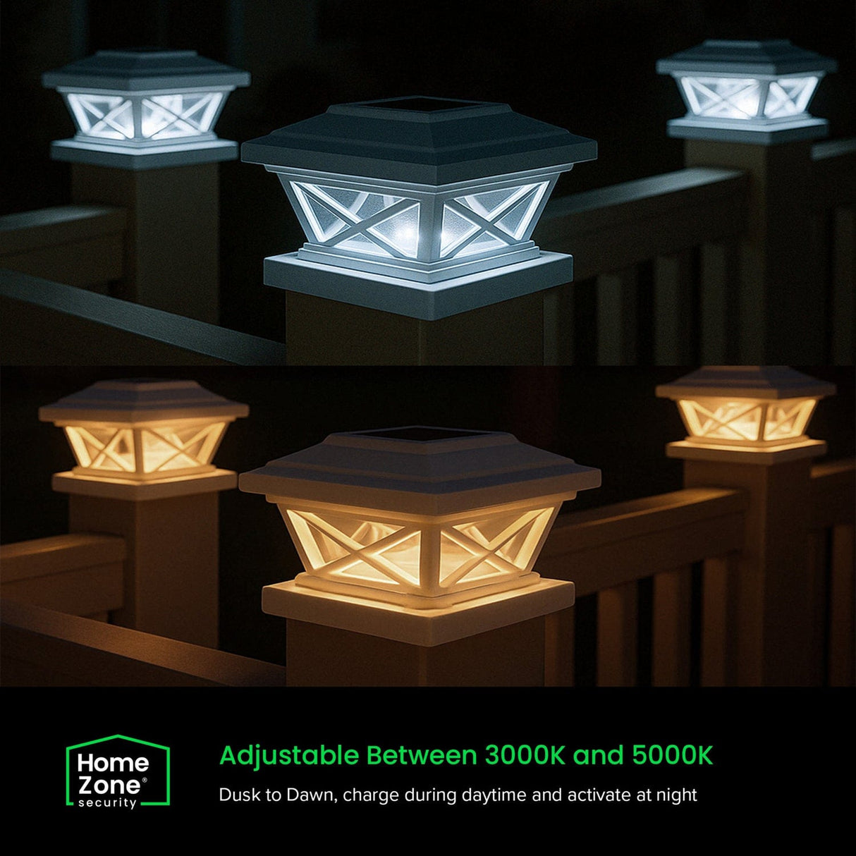 Home Zone Security Crown-Style Solar-Powered LED Post Cap Light with Adjustable Color Temperature, 4 Pack, White